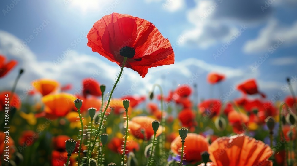 Aufkleber a vibrant poppy field under a sunny sky, with a single red poppy in sharp focus and the surrounding 