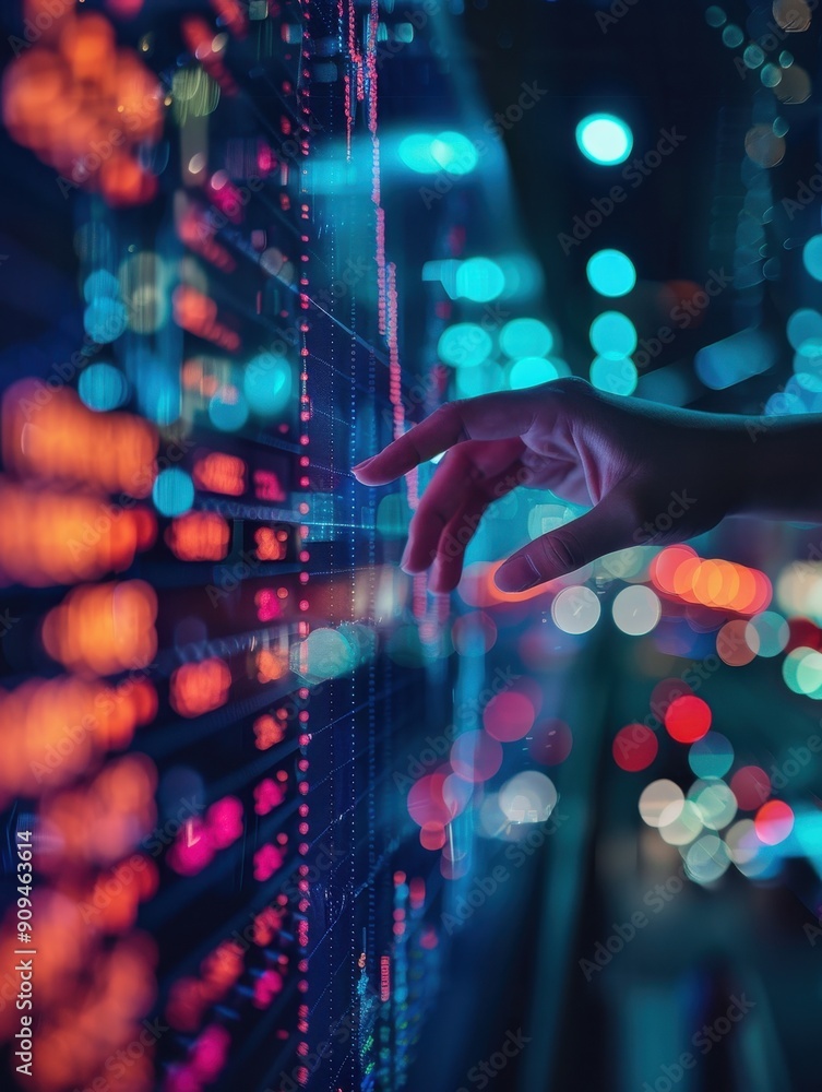 Poster a hand is pointing at a screen with a lot of numbers and lines
