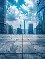 Fototapeta premium A city skyline with a clear blue sky and a few clouds