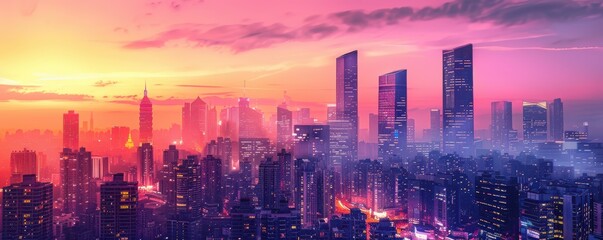 Obraz premium Stunning cityscape at sunset, showcasing modern skyscrapers with vibrant colors and a dramatic skyline.