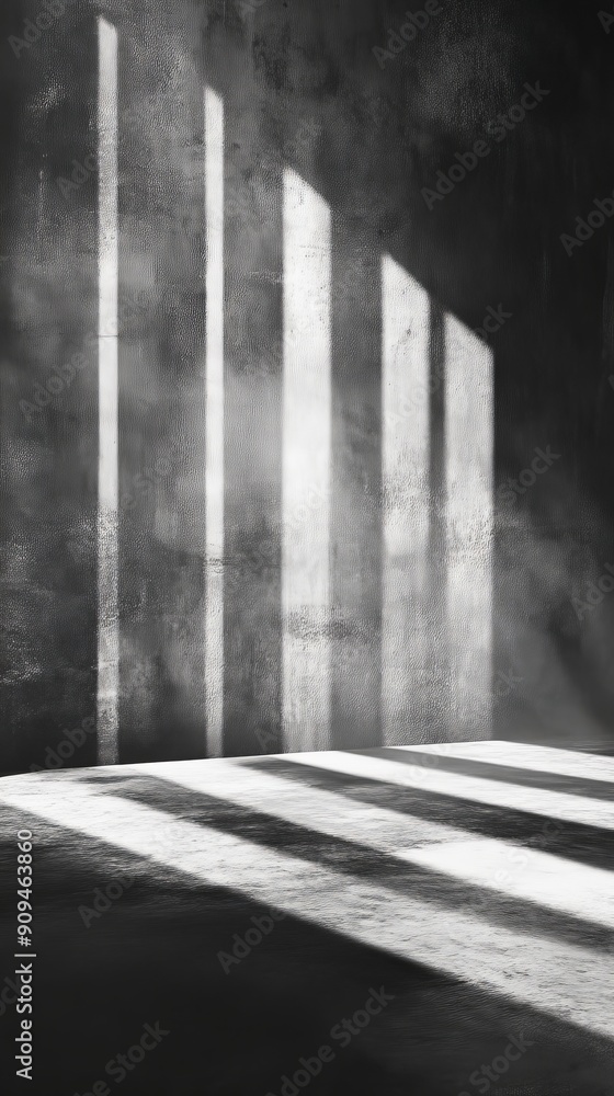 Aufkleber Sunlight casting shadows through vertical slats on textured surface, monochrome abstract light and shadow