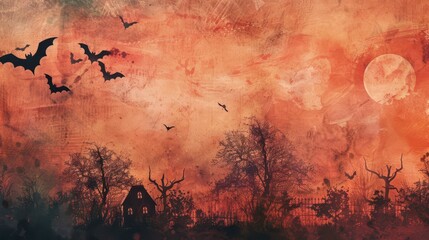 Eerie Bats Soar Over Haunted House Silhouetted by Full Moon