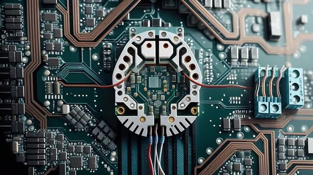 Surrealist animation of  an artificial brain soldered to an electronic circuit board