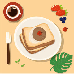 french toast with ice cream vanilla and Chocolate Cherry on the top vector illustration 