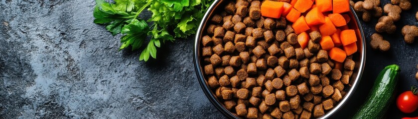 Dog food with raw vegetables next to a pet bowl