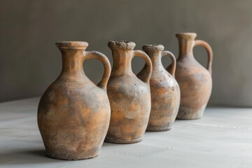 Four clay pitchers standing on a table, showing signs of age and use