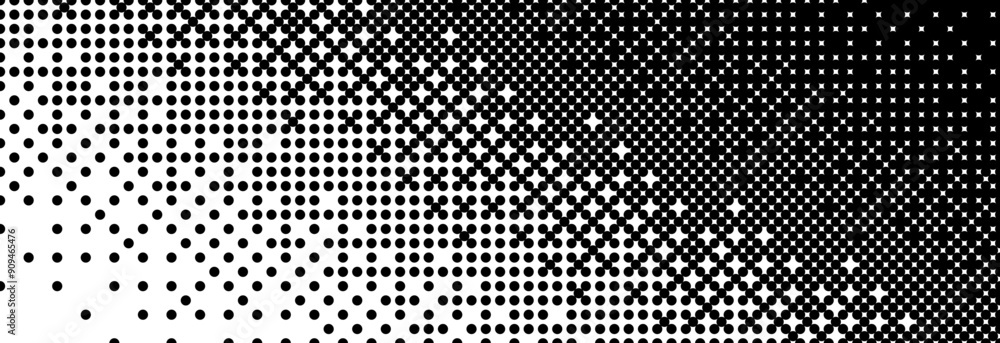Poster Diagonal bitmap gradient texture. Black and white slanted dither background. Abstract pixelated glitchy corner pattern. 8 bit video game screen wallpaper. Fading pixel backdrop. Vector retro halftone