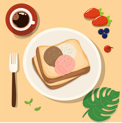 french toast with vanilla, Chocolate and strawberry ice cream vector illustration 