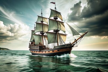 A large ship sails through the ocean with a cloudy sky in the background