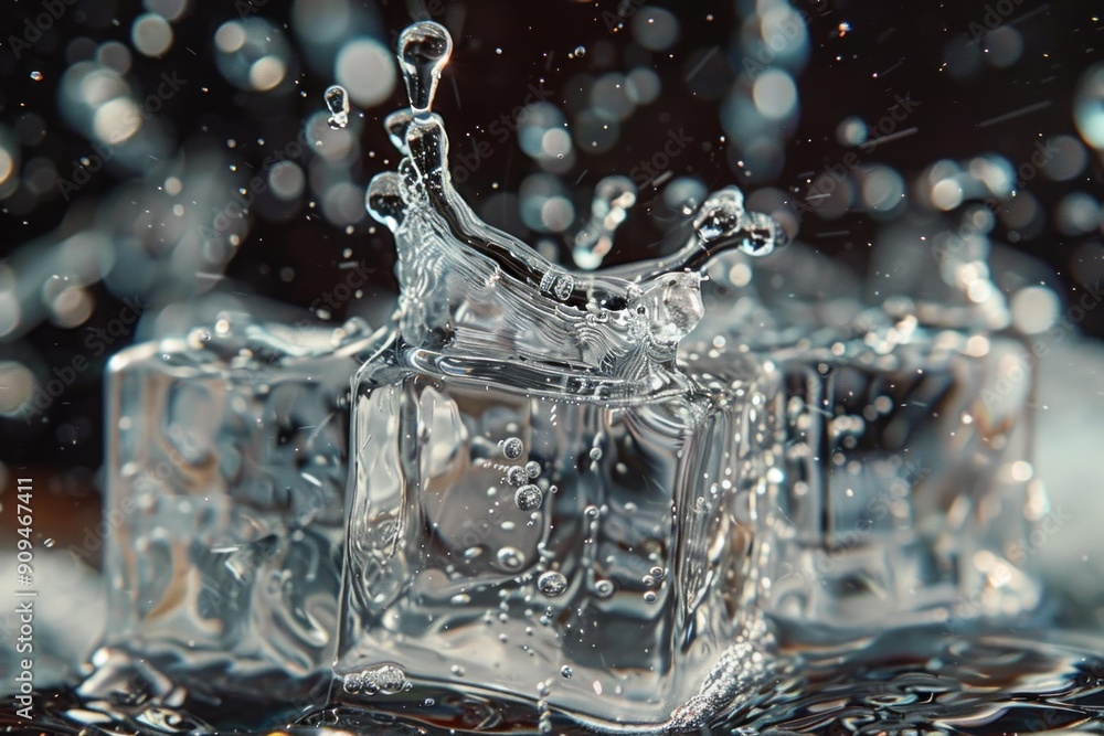 Poster water is splashing on ice cubes, creating a beautiful crown shape