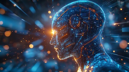 Futuristic digital human head with glowing circuitry.