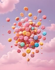 Fototapeta premium A bunch of colorful candies are flying