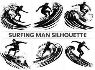 set of silhouettes of people, Surfer Silhouette, Sporty Surfer Man Riding Ocean Waves on a Surfboard  Vector Illustration. Embrace the thrill of surfing with surfboards, surfers, and ocean adventures.