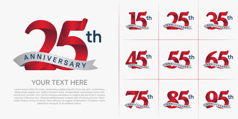 Naklejka premium anniversary logotype set vector, red color and silver ribbon for special day celebration