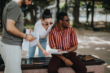 Three young professionals engaged in a collaborative discussion, reviewing documents and notes while sitting on a bench in an urban park.