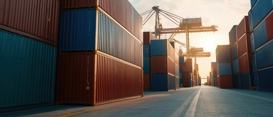 Fototapeta premium Busy shipping port with stacked containers, highlighting the importance of global trade and logistics infrastructure