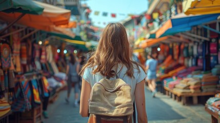 Obraz premium Young Woman Exploring Vibrant Outdoor Market with Colorful Stalls and Textiles on a Sunny Day