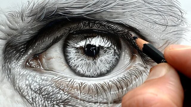 A skilled artist applies pencil to paper, capturing intricate details of a human eye, showcasing texture and depth in a remarkable drawing