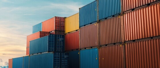 Fototapeta premium Shipping port filled with stacked containers, illustrating the complexities of global trade and logistics