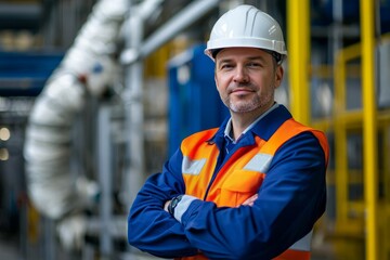 Portrait of a factory company manager in a hard hat checking safety protocols, Generative AI