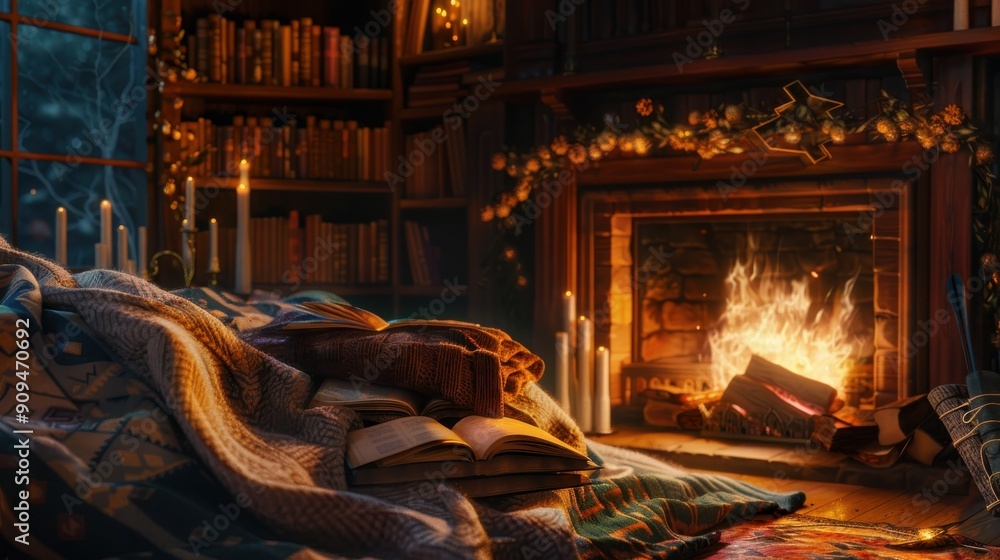 Poster A warm, inviting fireplace crackles with a cheerful fire, casting a soft glow on a blanket piled high with books. A window with a frosty pane overlooks a snowy scene, adding to the sense of cozy comfo