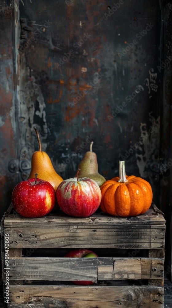 Poster a wooden crate sits on a rustic background. within the crate are several pieces of fresh autumn prod