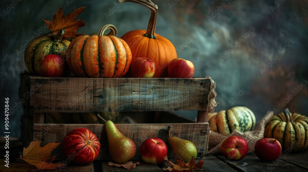 Poster a wooden crate sits on a rustic tabletop filled with an assortment of autumnal fruits and vegetables