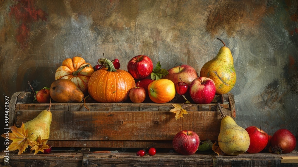 Poster A wooden crate overflowing with autumn produce sits on a rustic table, showcasing an array of pears, pumpkins, and apples. The crate is filled with a vibrant assortment of fruit, and a few fallen leav