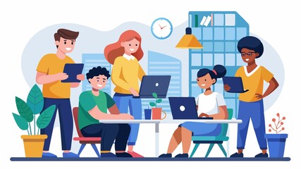 A group of young people collaborating in a modern office. It embodies the power of teamwork and the stimulating environment that modern workplaces provide to foster creativity.