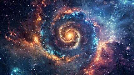 Fototapeta premium A mesmerizing galaxy background with a spiral galaxy radiating brilliant colors, from deep blues to fiery reds, surrounded by sparkling stars and distant celestial bodies, creating a sense of the