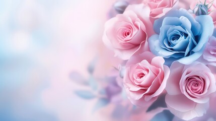 Ethereal pink and blue rose flowers in a dreamy vintage fantasy style, ideal for spring wallpaper backgrounds