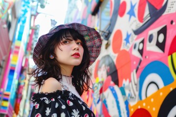 原宿のカラフルな壁の前にいるファッショナブルな日本人女性（ユーチューバー・モデル・インスタグラマー・SNS・映え）