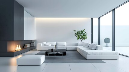 Modern minimalist apartment interior living room with fireplace