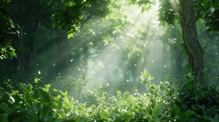Tranquil nature background showcasing a dense forest with sunlight filtering through the leaves creating a peaceful and immersive natural setting ideal for environmental and outdoorsy themes