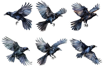 Obraz premium Six Watercolor Crows in Flight Against a Black Background