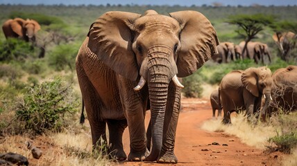 Fototapeta premium A dusty path in a grassy field. The elephant in the foreground has large ears and tusks.