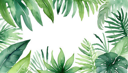 Naklejka premium Watercolor Painting of Tropical Green Leaves Framing a Blank Space