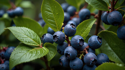 Branches of blueberries, fresh organic fruit harvesting garden 