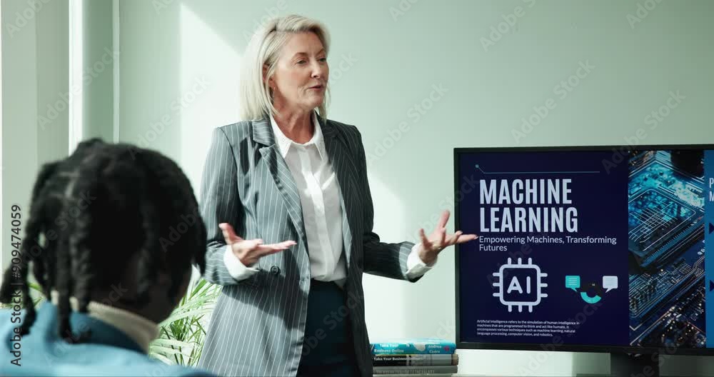 Poster seminar, discussion and woman with presentation in boardroom for ai, project and business pitch. mee