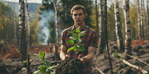 A young man stands in a forest that was recently burned, holding a sapling and dirt in his hands, he is planting a new tree as a symbol of hope and recovery for the environment.. caucasian man