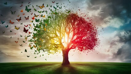 Colorful tree with leaves transforming into butterflies, symbolizing growth and positive chang, self care and mental health concept