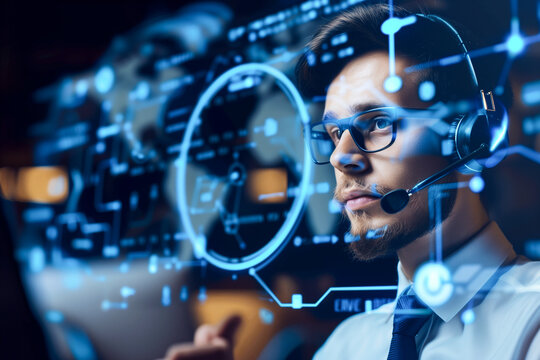 Call center office man working support customer care in global network.