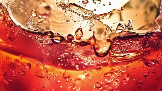 A side view of pomegranate juice being poured onto ice cubes instantly melting and splashing around.
