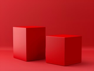 Two red minimal cube pedestals with blank space on a background for product displays - ai