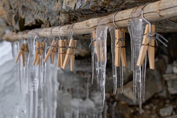 Icicles are hanging from wooden clothes pegs on a clothesline