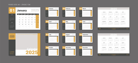 Set of 2025 Pages Monthly Calendar Planner Templates, Annuals 2025-2026, Cover with Place for Photo and Company Logo. Vector mockup of wall or desk calendar for printing. Week starting on Monday