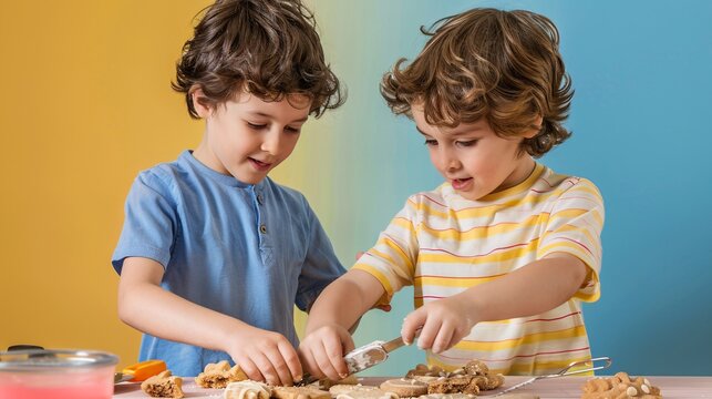 Detailed image of two boys making cookies together, with a solid color backdrop, ultra-clear