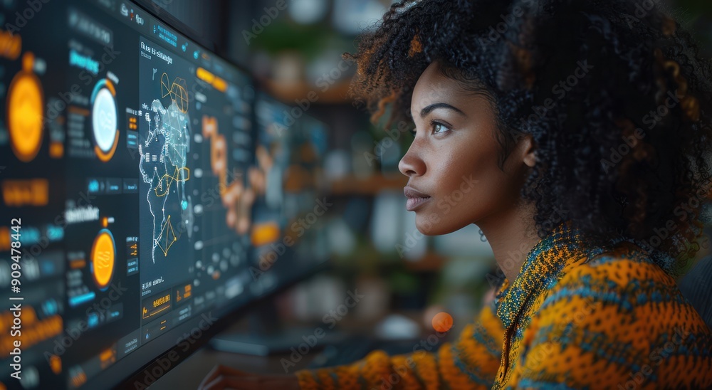 Poster woman working on a computer with data