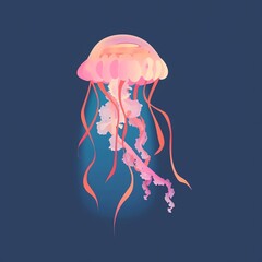 A beautiful jellyfish with a glowing pink body and long, flowing tentacles. The jellyfish is floating gracefully through the water, its tentacles trailing behind it.