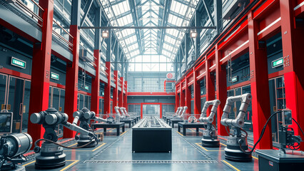 Futuristic smart manufacturing facility with Bauhaus and Art Deco fusion